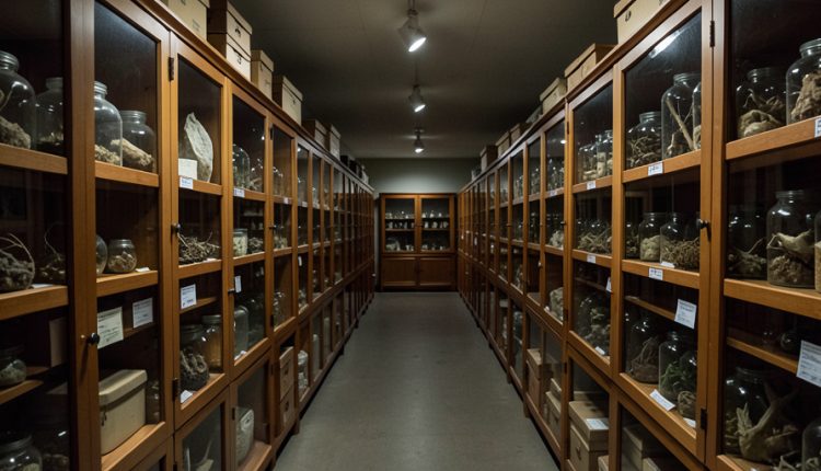 A deep aisle of wooden specimen cabinets and glass jars in a dim natural history museum collection archive