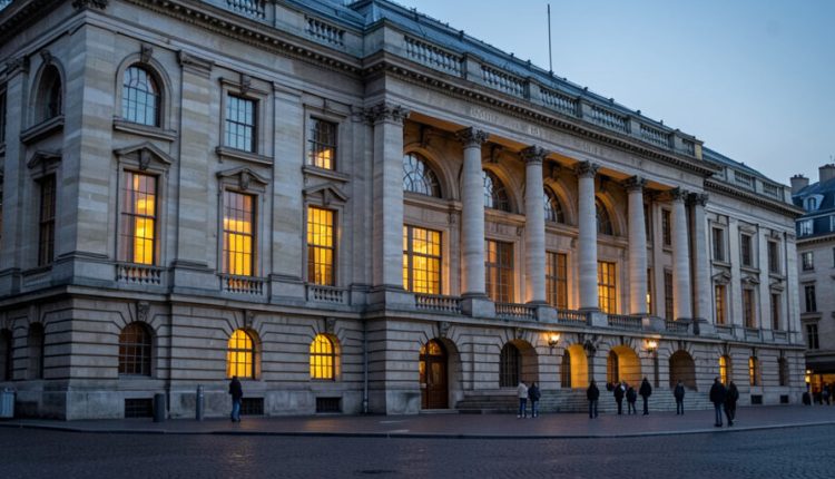 A grand historic stone museum building lit warmly at dusk with people gathered near the entrance on a city square