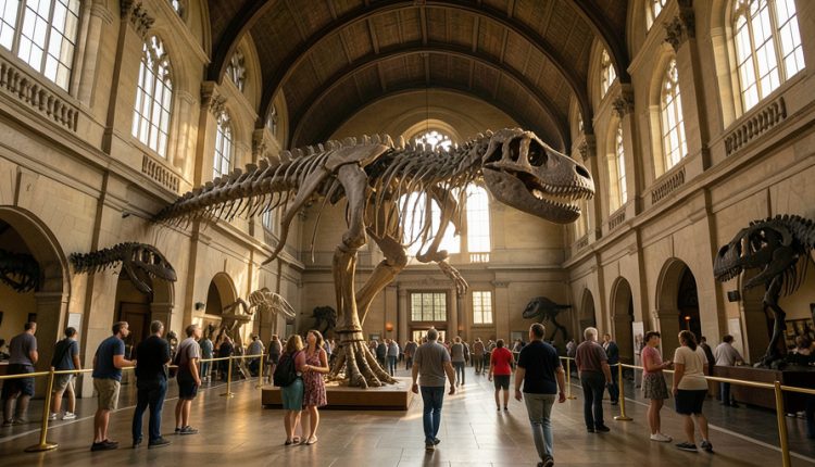 Visitors walking beneath a towering mounted dinosaur skeleton in the grand hall of a historic natural history museum