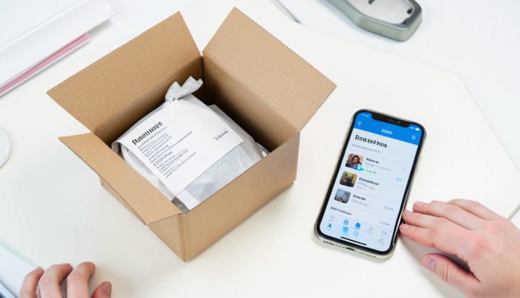 An open return shipping box with an item and a return slip beside a smartphone showing a shopping app on a table