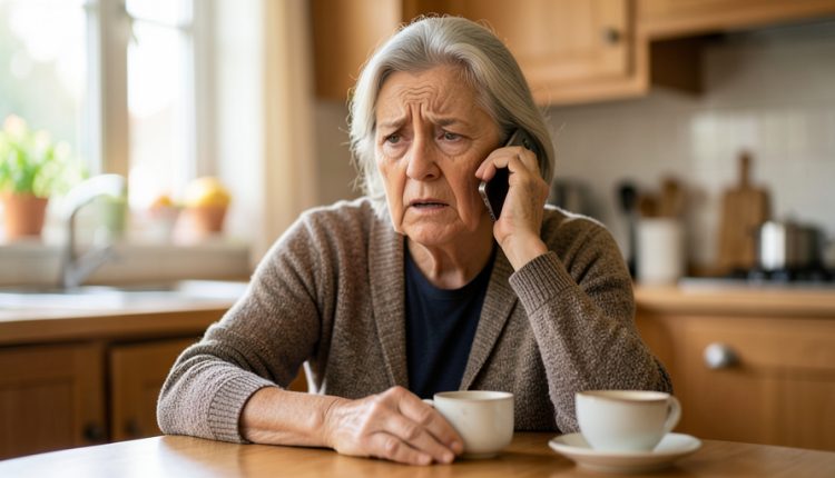 A worried older woman at a kitchen table holding a smartphone to her ear during a distressing phone call