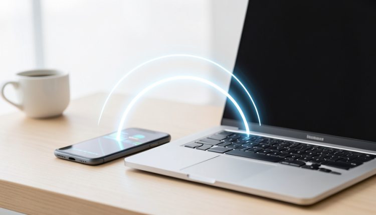 A smartphone and a laptop on a light desk with a glowing wireless connection arc between them and a coffee cup nearby