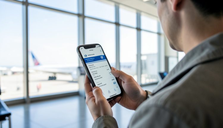 A traveler holding a smartphone showing an airline app at an airport departure gate with a plane visible through the windows