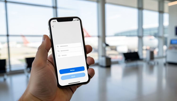 A hand holding a phone showing an airline app sign-in screen at an airport gate with a plane visible through the windows