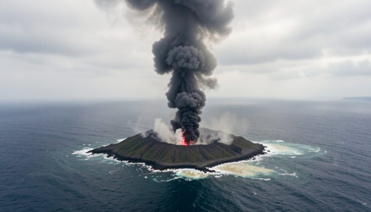 Aerial view of a small island volcano erupting mid-strait with a tall ash plume and steaming water around the shoreline