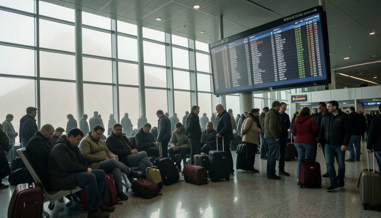 Crowded airport departure hall with stranded travelers and luggage near a flight information board in hazy light