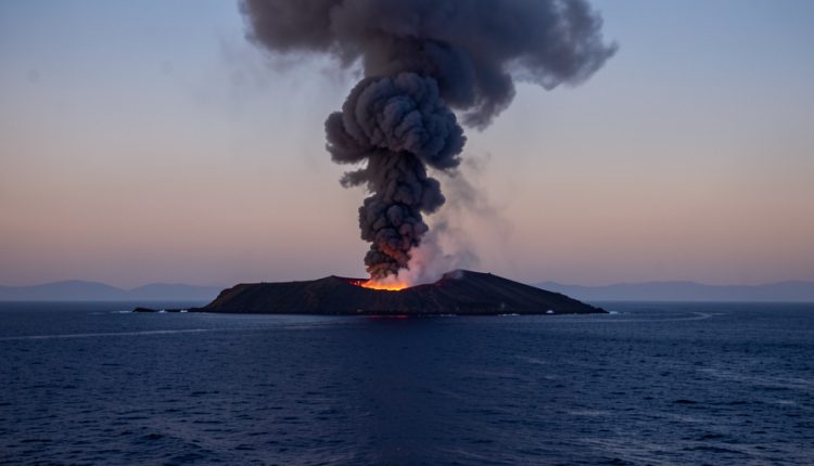 A small volcanic island erupting in the open sea at dusk with a tall dark ash plume and a faint orange glow at the crater