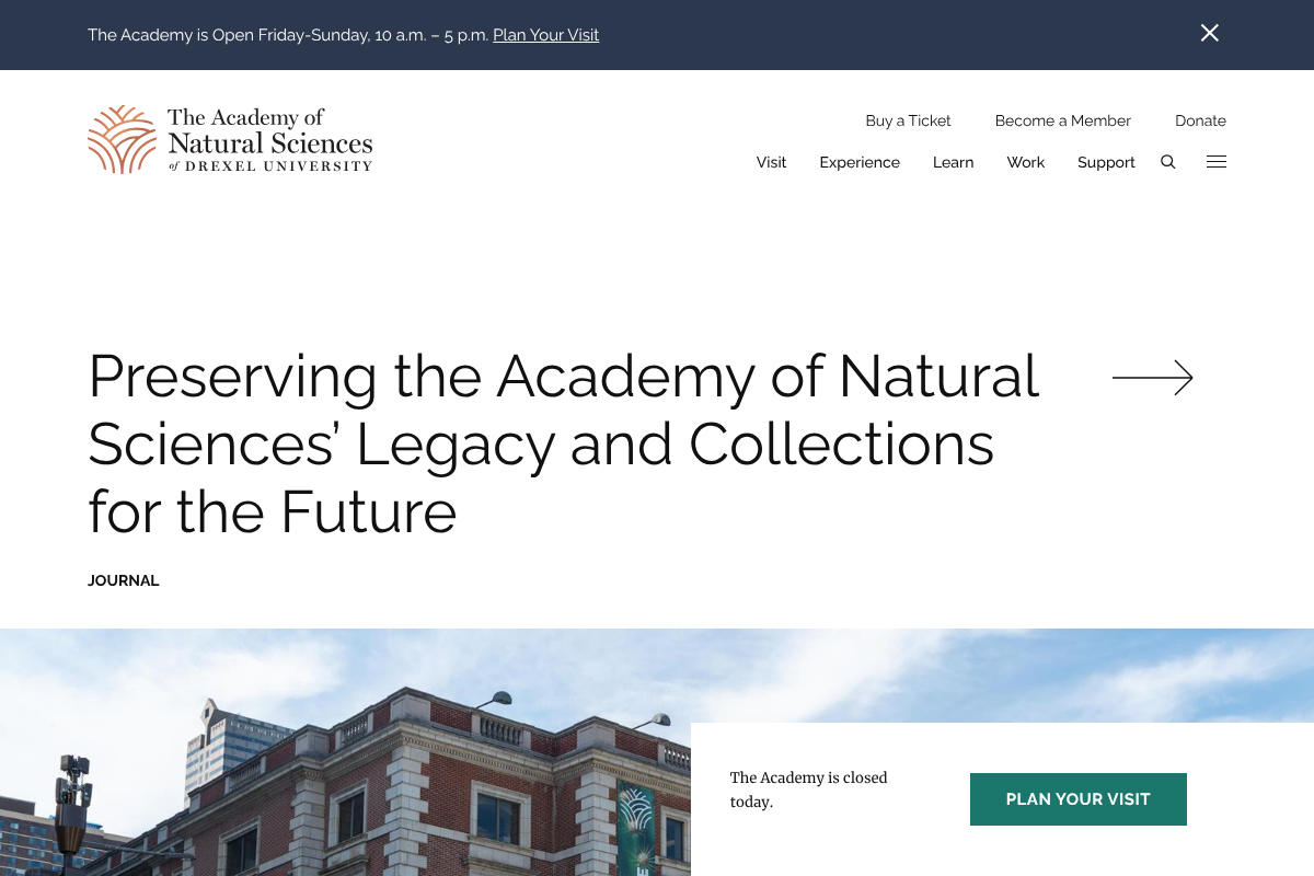 The Academy of Natural Sciences of Drexel University website showing the museum's closure notice and visiting hours
