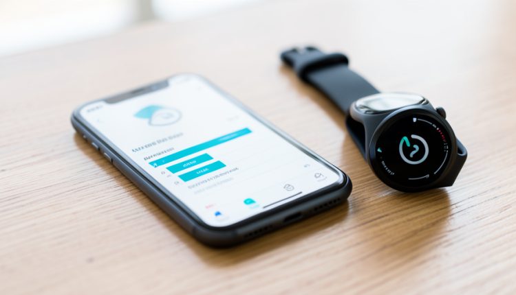 A smartphone showing a health app with a step-count chart lying next to a fitness smartwatch on a table