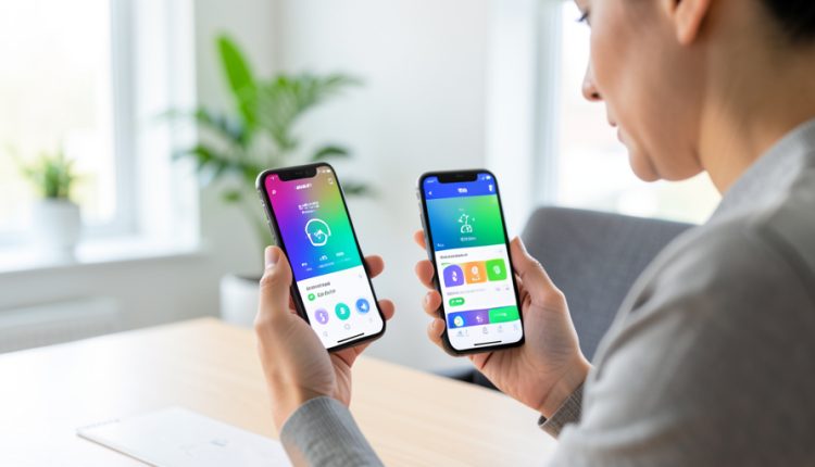 A person holding an iPhone and an Android phone side by side, both showing health and step-count screens