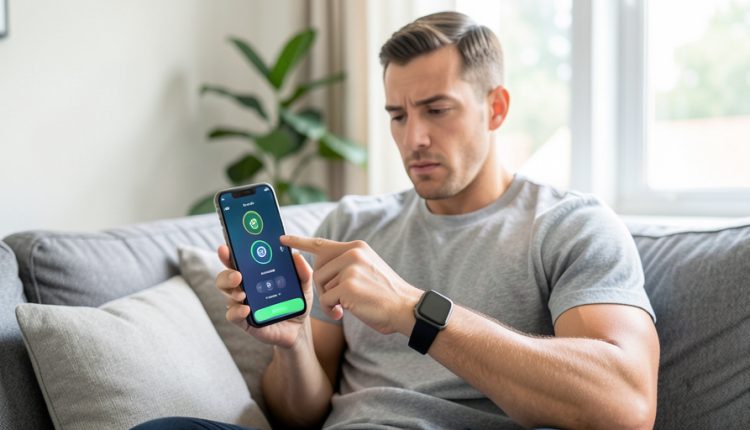 A person on a couch comparing a step count on their phone with a fitness smartwatch on their wrist
