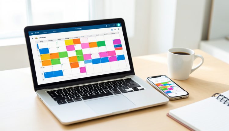 A laptop and a smartphone on a desk both showing a weekly calendar with colorful time blocks, beside a coffee cup and notebook