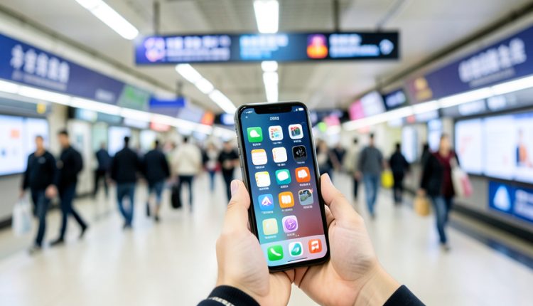 Hands holding a smartphone showing a grid of app icons in a busy modern Chinese metro station