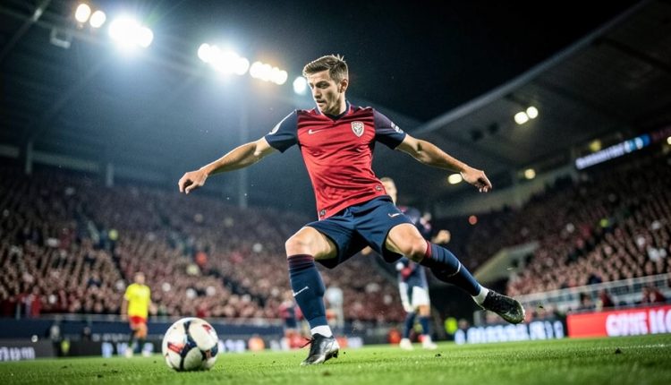 A footballer in a red and dark-blue kit striking the ball toward goal in a floodlit, packed stadium at night