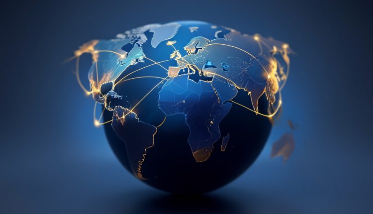 A dark blue world globe with glowing golden lines connecting regions across continents, representing an expanding international bloc