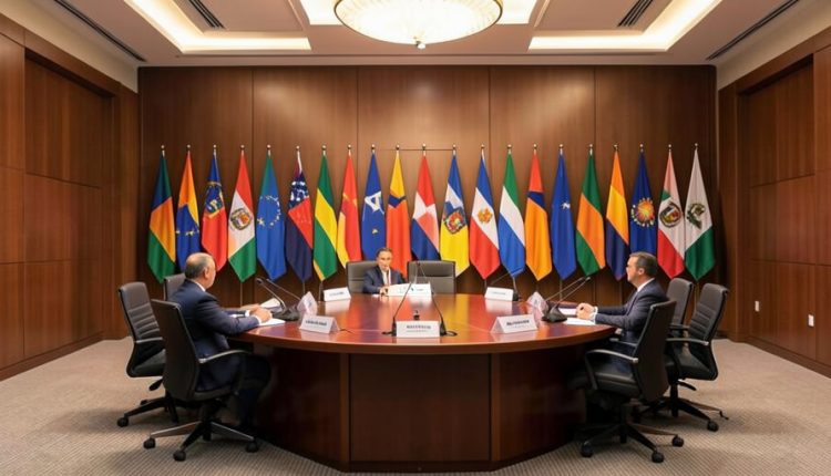 A formal international summit hall with a long row of national flags behind a large round negotiating table with microphones and name placards