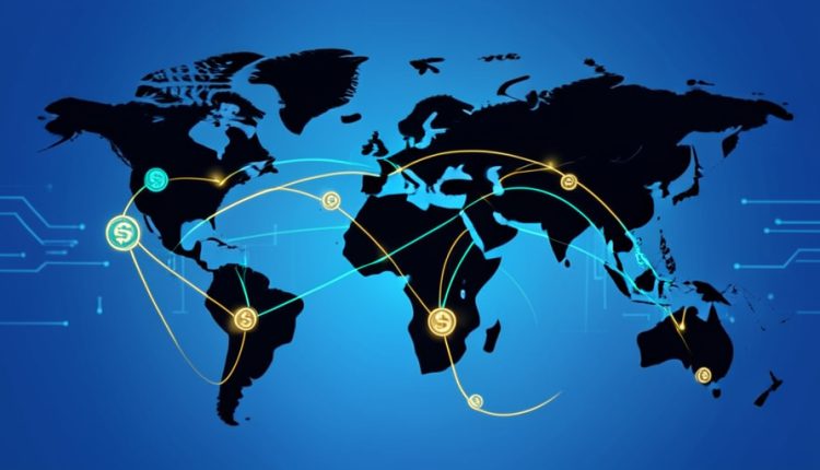 A stylized world map with glowing gold and teal lines linking regions and currency symbols, representing a cross-border payment network