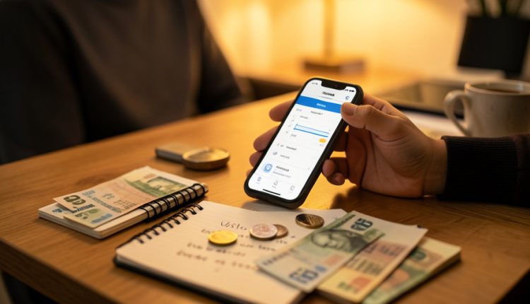 A hand entering an expense into a budgeting app on a phone, with cash, coins, and a handwritten notebook on the desk