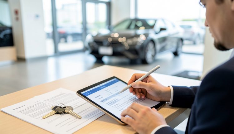 A car buyer reviewing a contract on a tablet with a stylus at a dealership desk, with car keys and paperwork and a showroom car behind