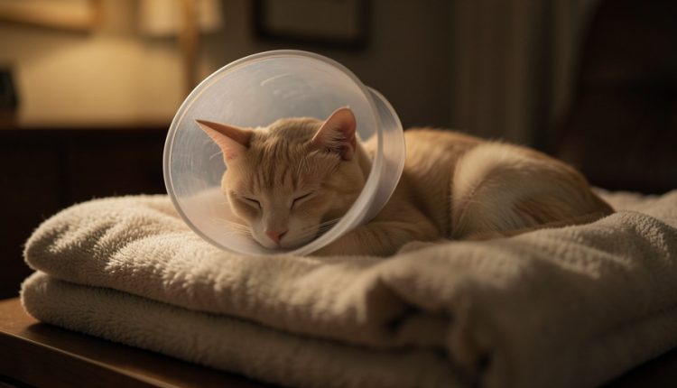 A sleepy cream-colored cat resting on a folded blanket while wearing a translucent protective recovery cone collar