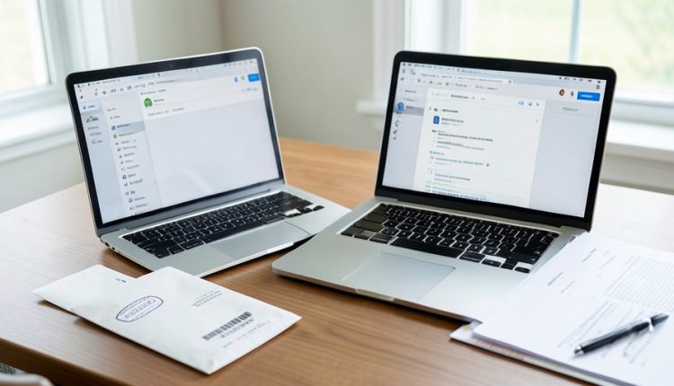 A stamped envelope and a mail receipt beside laptops showing email inboxes and documents on a desk