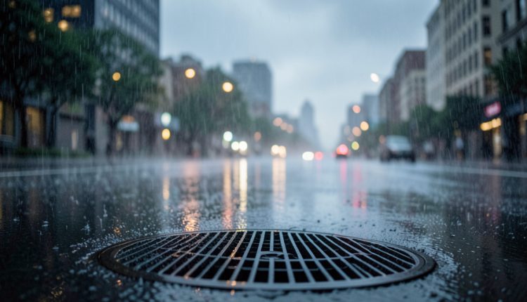 A storm drain grate in the foreground of a rain-soaked city street at dusk with blurred buildings and reflections behind