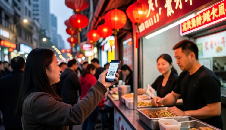 A traveler holding up a smartphone to scan a QR code to pay at a busy Chinese street food stall lit with red lanterns