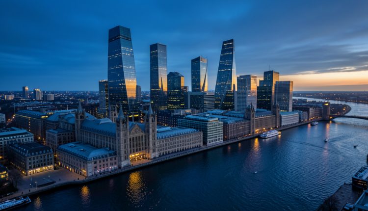 The City of London financial district skyline at dusk with modern glass skyscrapers beside the river Thames