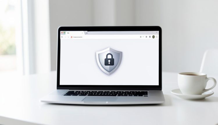 A laptop on a white desk showing a browser window with a shield and padlock privacy icon, beside a coffee cup