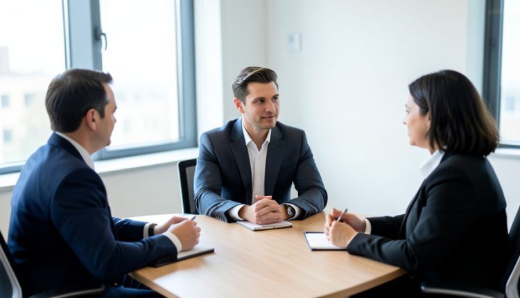 A job candidate sitting across a table from two interviewers in a bright office during a hiring interview