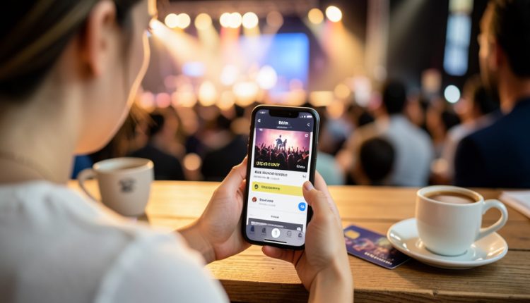 A person holding a smartphone showing a concert ticket in an app, with stage lights and a crowd blurred in the background