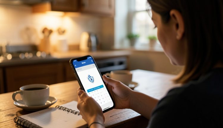 A parent at a kitchen table checking a settings screen with a lock and shield icon on a phone, beside a school calendar and notebook