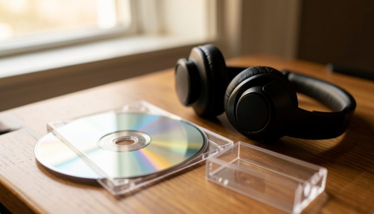 An audio compact disc on a jewel case beside black over-ear headphones and an empty clear case on a wooden desk