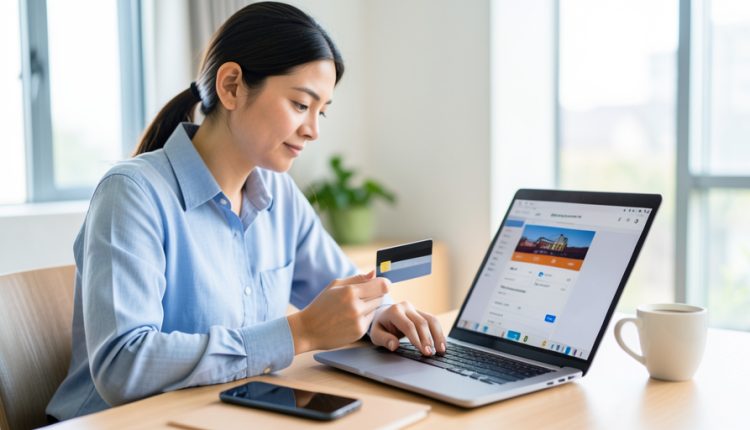 A person at a home desk booking a hotel on a laptop while holding a credit card