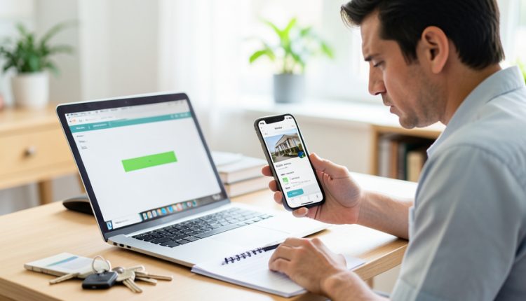 A rental applicant looking at a laptop form and a property listing on a phone, with keys and a notebook on the desk