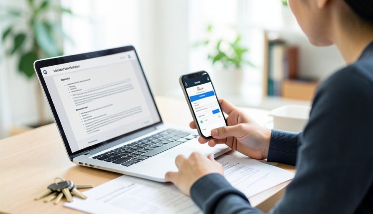 A rental applicant reviewing an apartment application on a laptop with a credit app on their phone, keys and paperwork on the desk