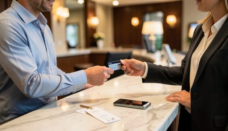 A traveler handing a bank debit card to a hotel receptionist across a marble front desk, with a key card and phone on the counter