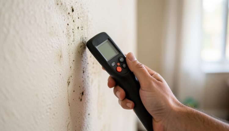 A hand holding a handheld digital moisture meter against a damp, mold-spotted interior wall
