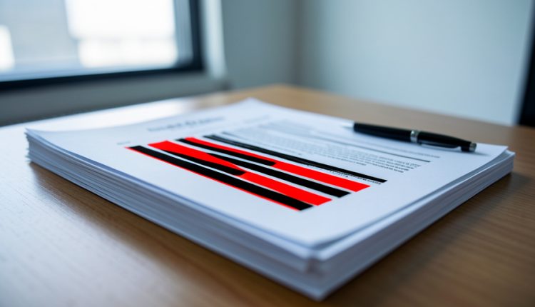 A stack of printed documents on a desk with several lines redacted in solid black bars, a pen resting on top