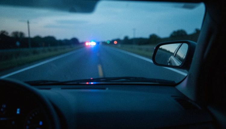 Driver's-eye view through a windshield at dusk toward distant blue and red emergency lights on an empty road, dashboard in the foreground