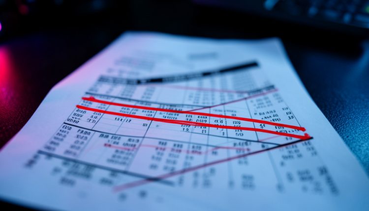 A printed bank statement on a dark desk with several transaction rows marked in red, lit by cool blue and red light