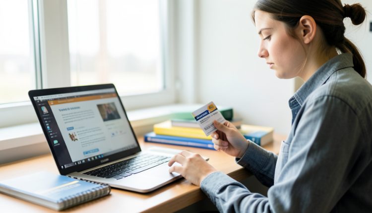 A college student at a desk holding a printed access-code card next to a laptop showing a digital textbook