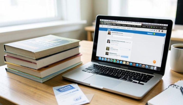 A stack of college textbooks beside a laptop showing an online course page, with a printed access-code card on the desk