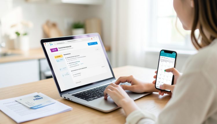 A person booking a government service appointment on a laptop while checking a calendar on their phone, with an ID card and documents on the table