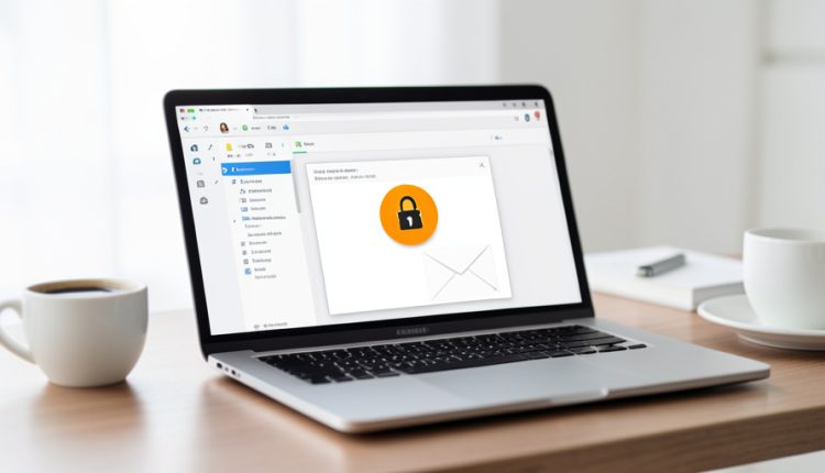 A laptop on a desk showing an email inbox with a warning icon and a padlock on an envelope, beside a coffee cup