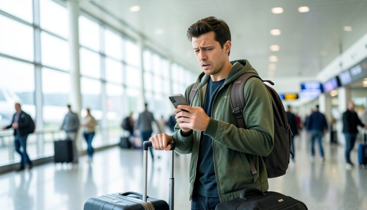 A traveler in an airport arrivals hall checking a smartphone for signal with luggage beside them