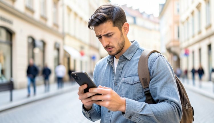 A traveler on a foreign city street looking puzzled at a smartphone that has data but a failed call