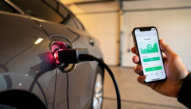An electric car plugged into a wall-mounted home charger in a garage, with a hand holding a phone showing a charging schedule app
