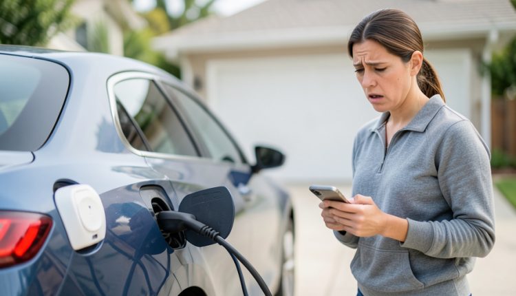 An electric car plugged into a home charger with the owner looking puzzled at their phone in the driveway