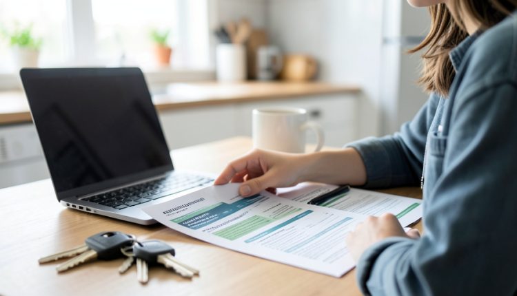 A car owner at a kitchen table comparing a printed vehicle warranty document next to a laptop, with car keys nearby